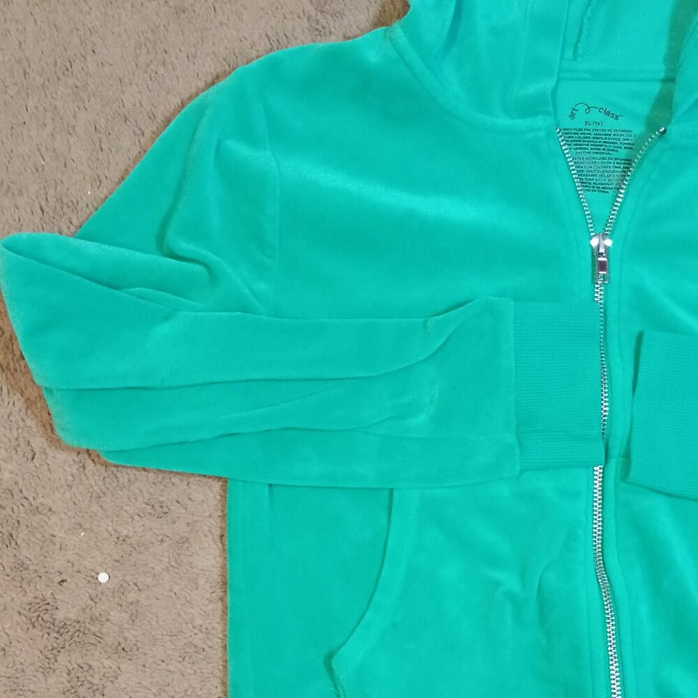 Art Class/Velour Zip Hoodie Jacket/Girls XL 14/Green Full Zip Cozy Y2K Streetwea - Picture 4 of 6